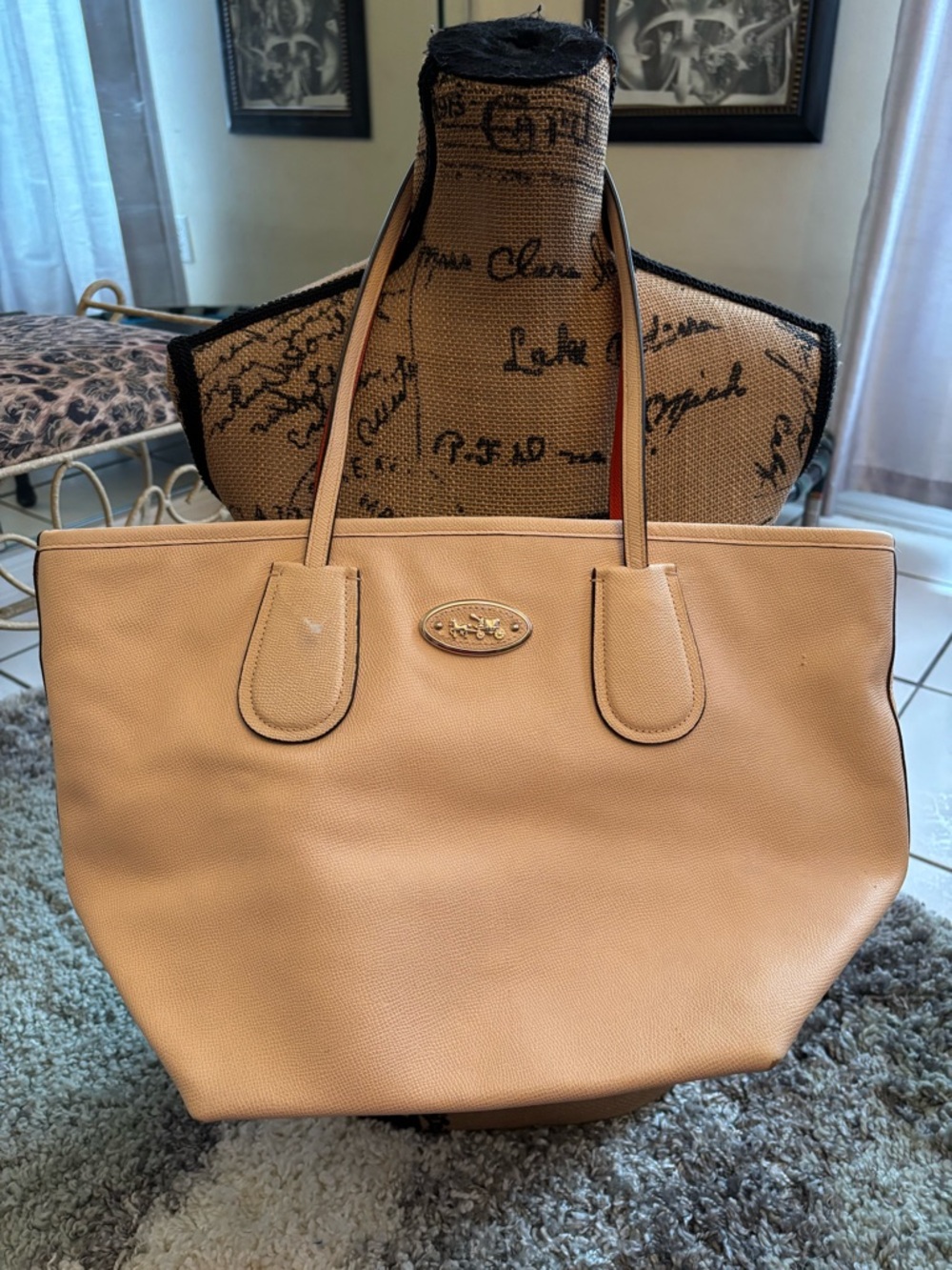 Coach Pebbled Leather Tote in Beige with Gold Plaque